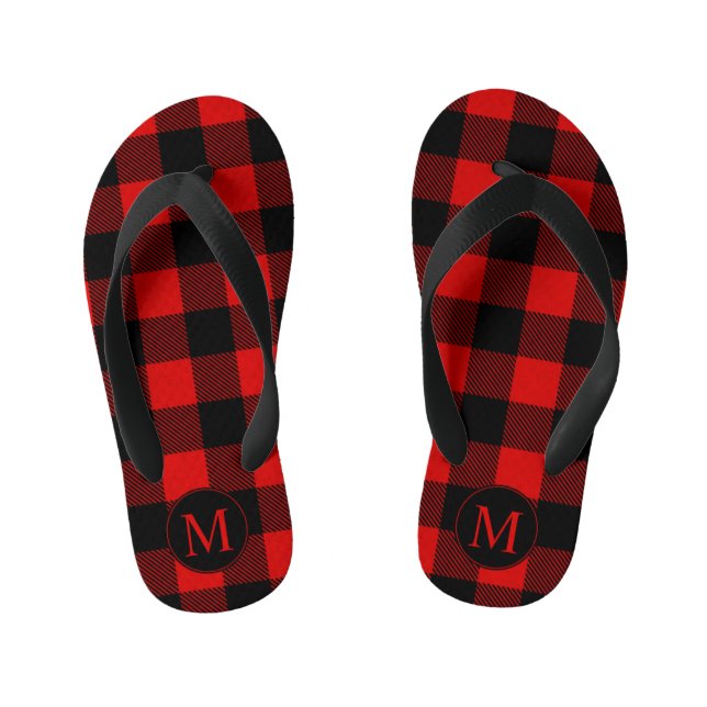 Red and Black Buffalo Plaid with Monogram Kid's Flip Flops (Footbed)