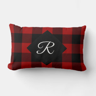 red and black Buffalo Plaid with monogram Lumbar Pillow