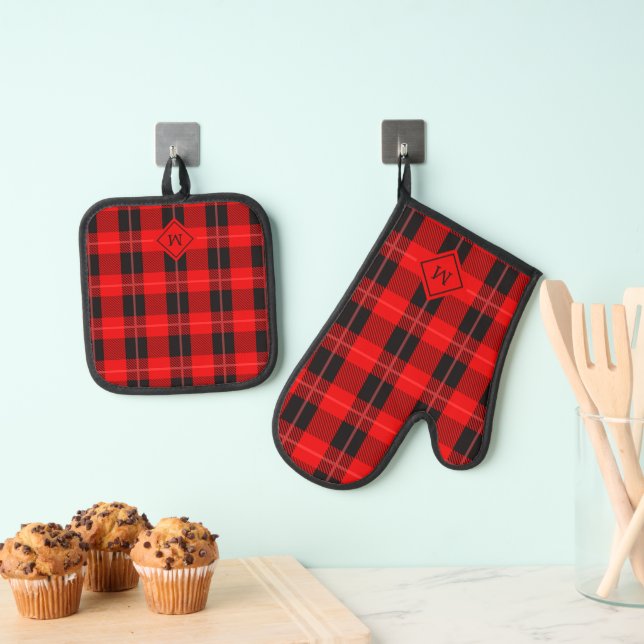 Red And Black Buffalo Tartan Monogram Oven Mitt & Pot Holder Set (Insitu(Hanging))