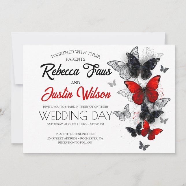 Red and Black Butterflies Morpho Monarch Invitation (Front)