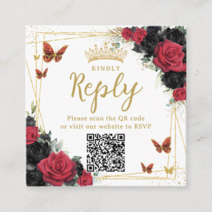 Red and Black Butterflies Quinceanera RSVP QR Code Enclosure Card