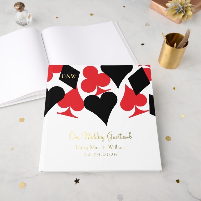 Red and Black Card Suits Las Vegas Wedding Guest Book (Front Open)