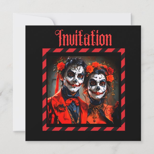 Red and black Caricature Dia de los Muertos couple (Front)