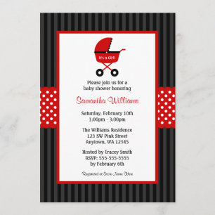 Red and Black Carriage Striped Dots Baby Shower Invitation