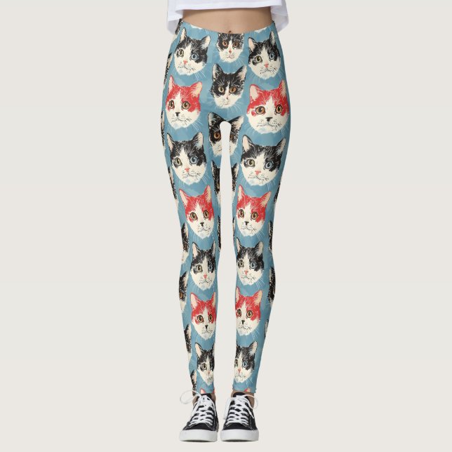 Red and Black Cats Pattern Leggings (Front)