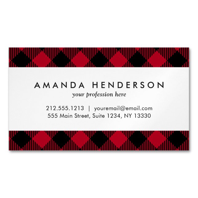 Red And Black Check Buffalo Plaid Pattern Magnetic Business Card (Front)