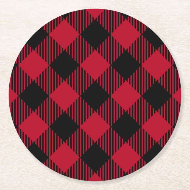 Red And Black Check Buffalo Plaid Pattern Round Paper Coaster (Front)