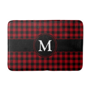 Red And Black Checks Plaid Personalized Monogram Bath Mat