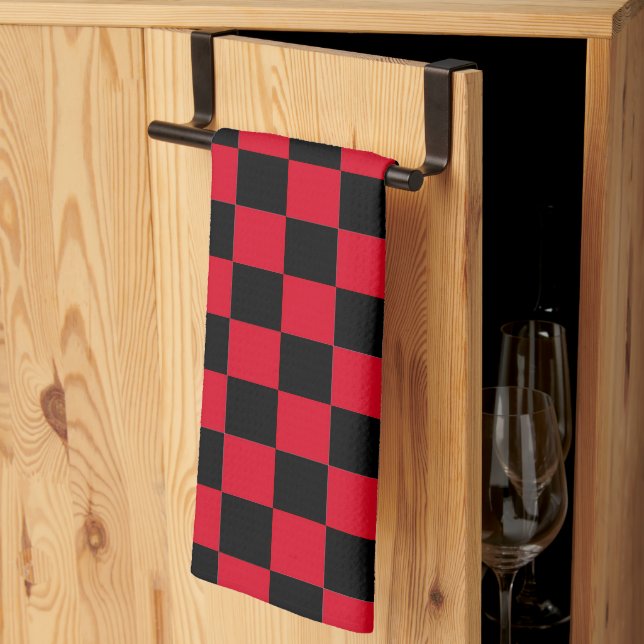 Red and Black Chequerboard Pattern  Kitchen Towel (Thirds Fold)
