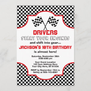 Red and Black Chequered Racing Birthday Invitation