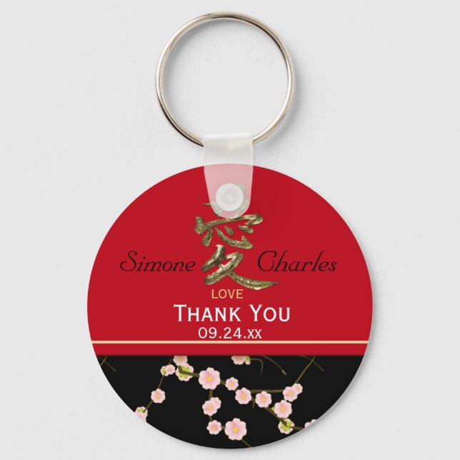 Red and Black Cherry Blossoms Wedding Favour Keychain (Front)