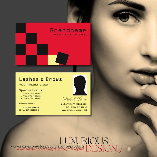 Red and Black Chessboard Yellow Modern with Photo Business Card (Creator Uploaded)