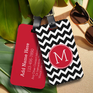 Red and Black Chevron Pattern Custom Monogram Luggage Tag