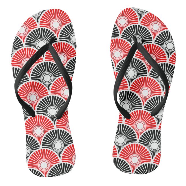 Red and Black Chinese Semi Circle Wave Pattern Flip Flops (Footbed)