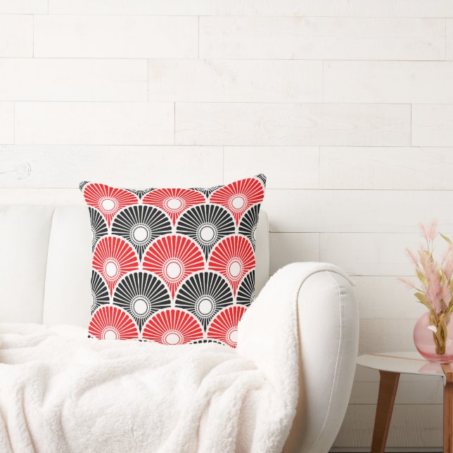 Red and Black Chinese Semi Circle Wave pattern Throw Pillow (Couch)