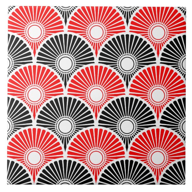 Red and Black Chinese Semi Circle Wave Pattern  Tile (Front)