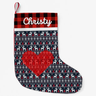 Red and black christmas family rustic plaid check small christmas stocking