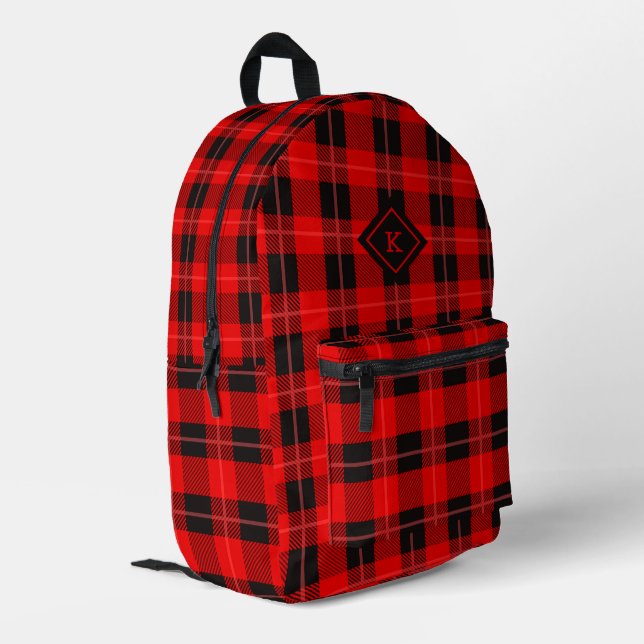 Red and Black Christmas Tatran Pattern Monogram Printed Backpack (Back Corner Left)