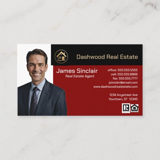 Red and Black Colour Blocks Photo Realtor Business Card (Front)