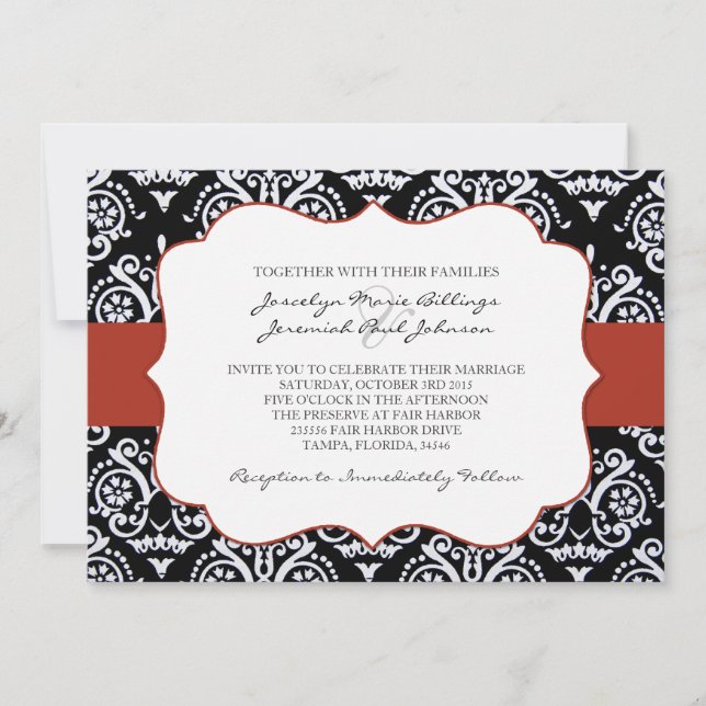 Red and Black Country Damask Patterned Invitation (Front)
