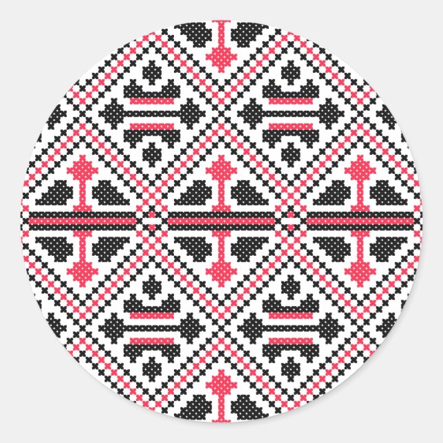 Red and Black cross-stitch Retro Pattern Classic Round Sticker (Front)