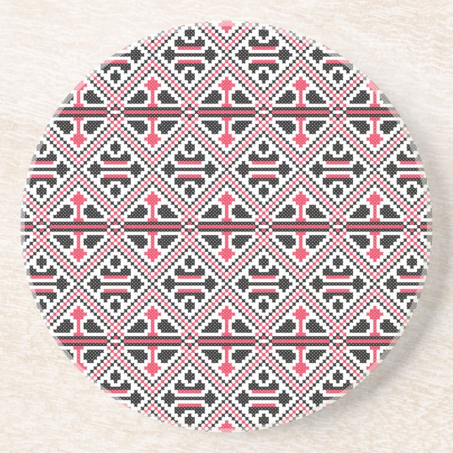 Red and Black cross-stitch Retro Pattern Coaster (Front)