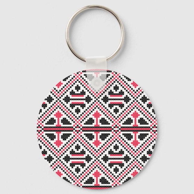 Red and Black cross-stitch Retro Pattern Keychain (Front)