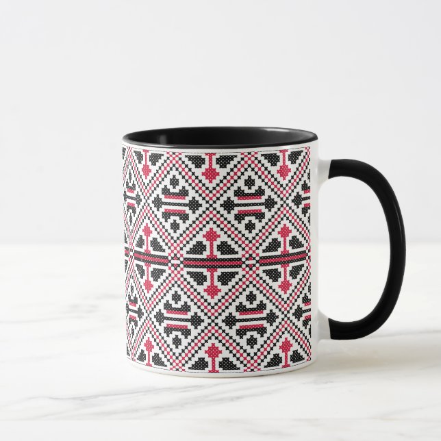 Red and Black cross-stitch Retro Pattern Mug (Right)
