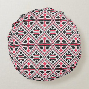 Red and Black cross-stitch Retro Pattern Round Pillow