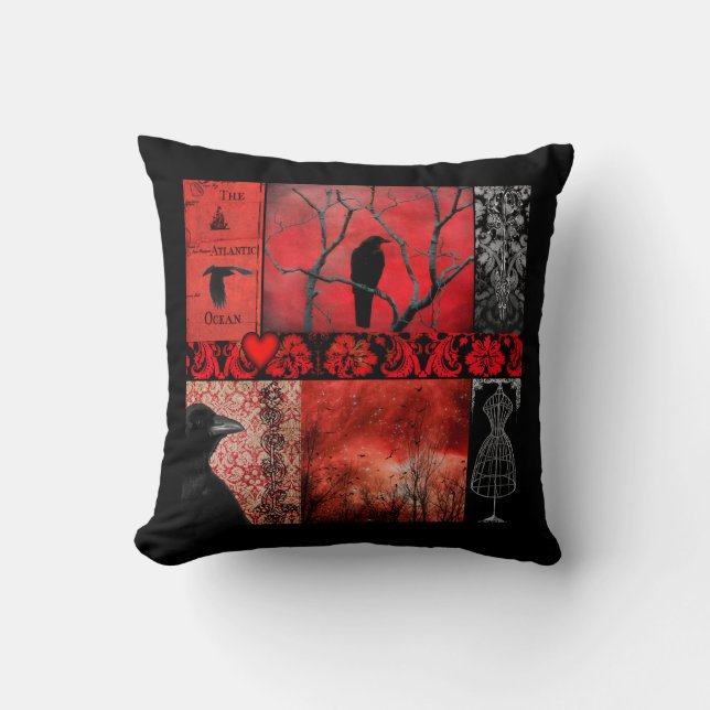 Red And Black Crow Art Throw Pillow (Front)