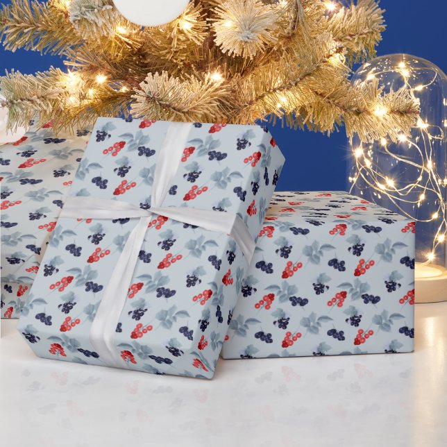 Red And Black Currant, Blue Leaves On Blue Wrapping Paper (Holidays)