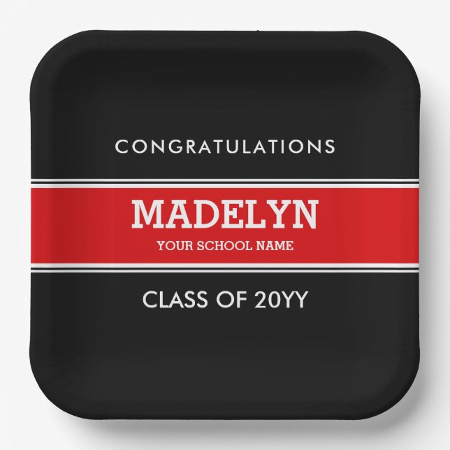 Red and Black Custom Graduation Paper Plate (Front)