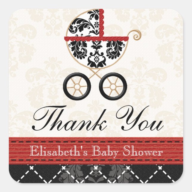 RED and Black Damask Baby Carriage Thank You Square Sticker (Front)