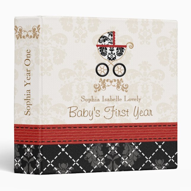 Red and Black DAMASK Carriage Baby Photo Album Binder (Front/Spine)