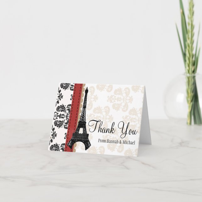 RED AND BLACK DAMASK EIFFEL TOWER THANK YOU CARD (Front)