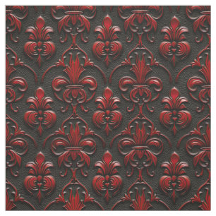 Red and Black Damask Faux Embossed  Fabric
