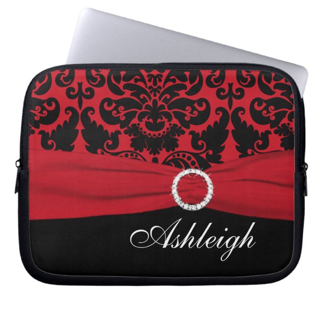 Red and Black Damask FAUX Ribbon Laptop Sleeve (Front)