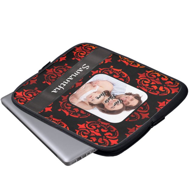 Red and black damask laptop sleeve (Front Bottom)