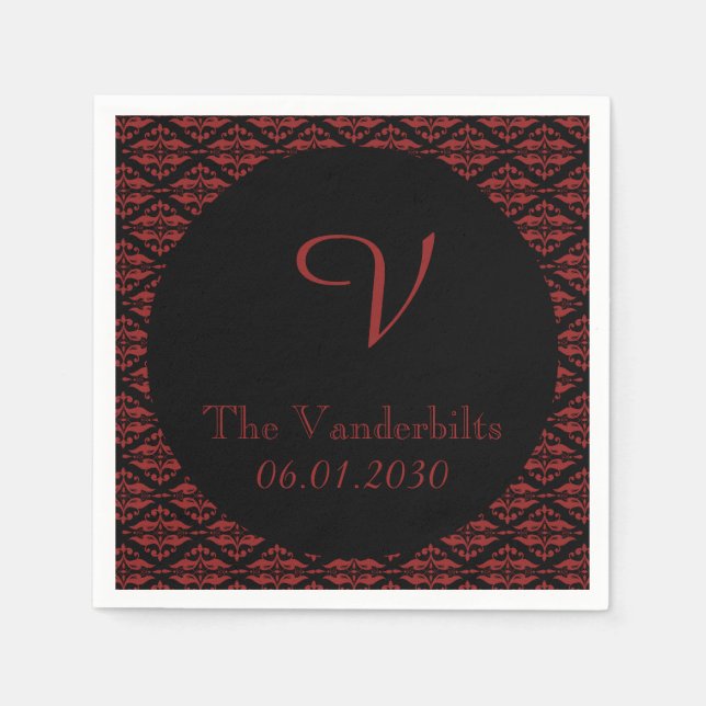 Red and Black Damask Monogram Wedding Napkin (Front)