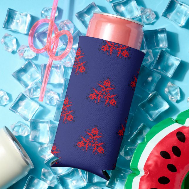 Red and black damask pattern blue seltzer can cooler (In Situ Summer)