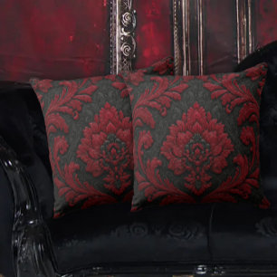 Red and Black Damask Patterned Throw Pillow