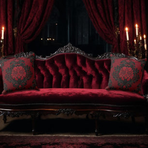 Red and Black Damask Patterned Throw Pillow