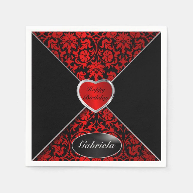 Red and Black Damask | Personalize Napkin (Front)