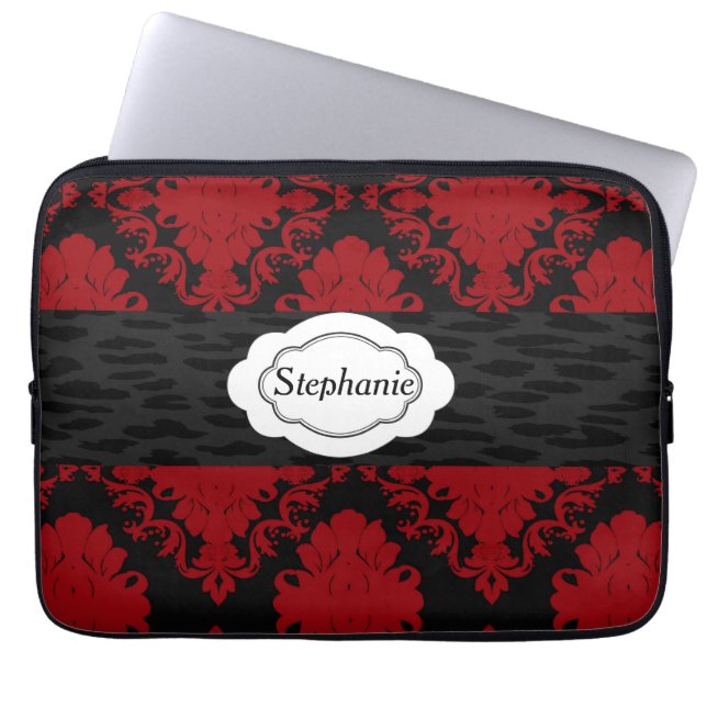 Red And Black Damask Personalized Laptop Sleeve (Front)