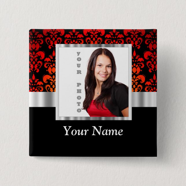 Red and black damask photo template 2 inch square button (Front)