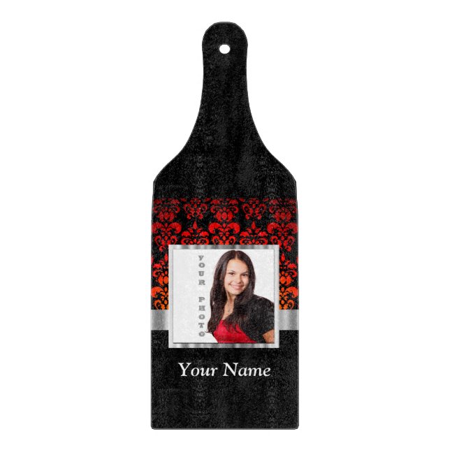 Red and black damask photo template cutting board (Front)