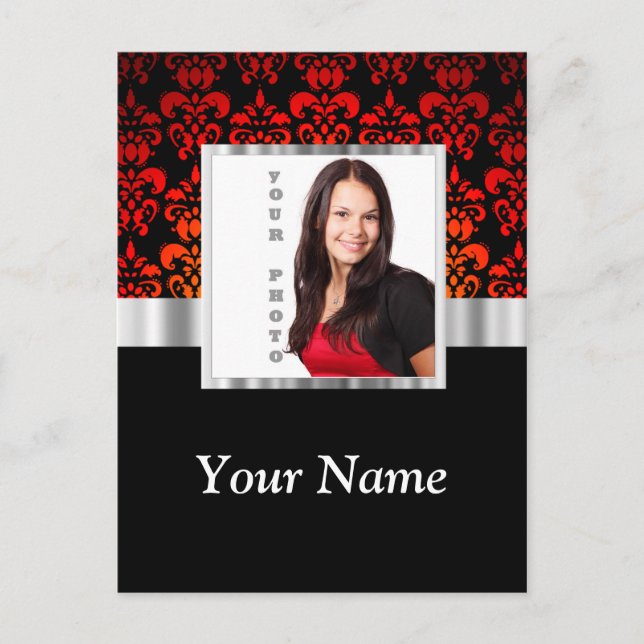 Red and black damask photo template postcard (Front)