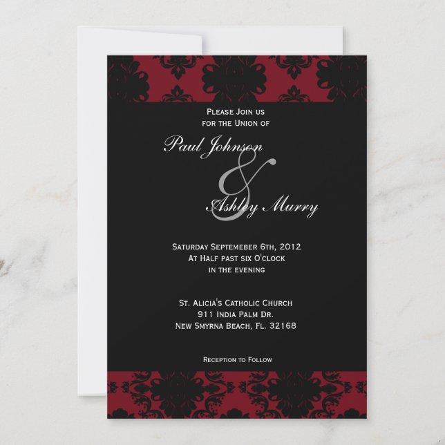 Red and Black Damask Wedding Invitation (Front)