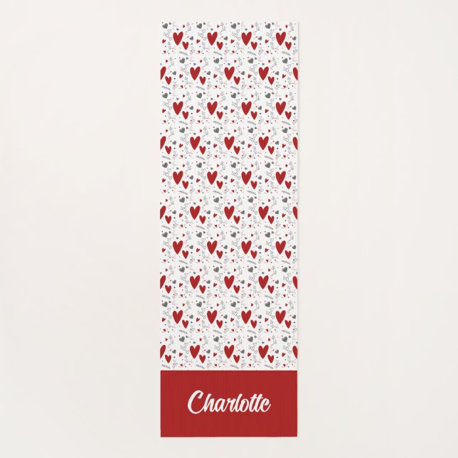 Red and Black Doodle Hearts Custom Monogram Name Yoga Mat (Back)