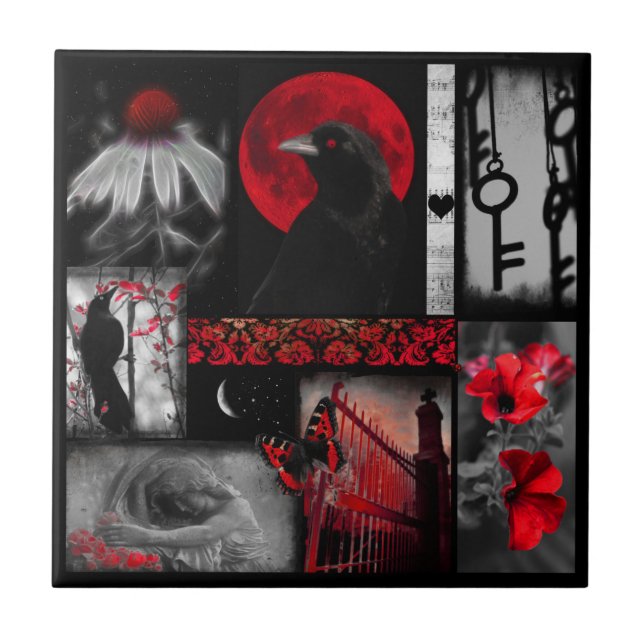 Red And Black Eclectic Crow Art Tile (Front)